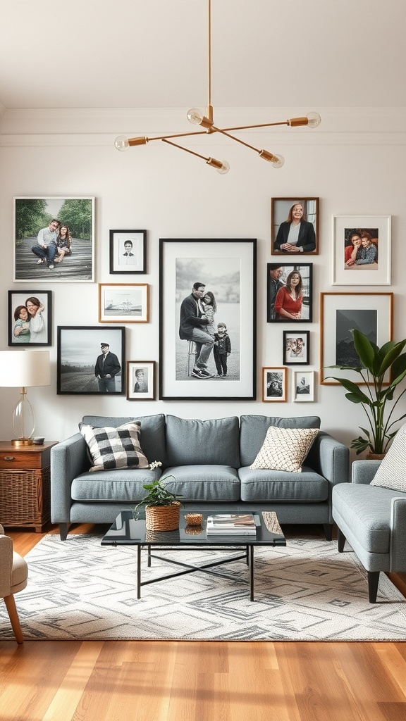 Cozy living room with personalized art displays on the wall, featuring various framed photographs.