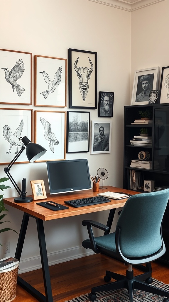 A stylish work from home office with personalized decor, including framed quotes and plants.