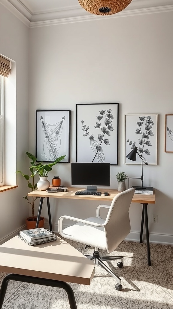 A stylish home office featuring framed quotes on the wall, a desk with a computer, and plants.