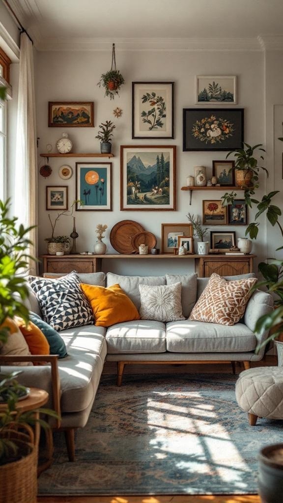 A cozy small living room with a light gray sofa adorned with colorful pillows, surrounded by framed artwork and plants.