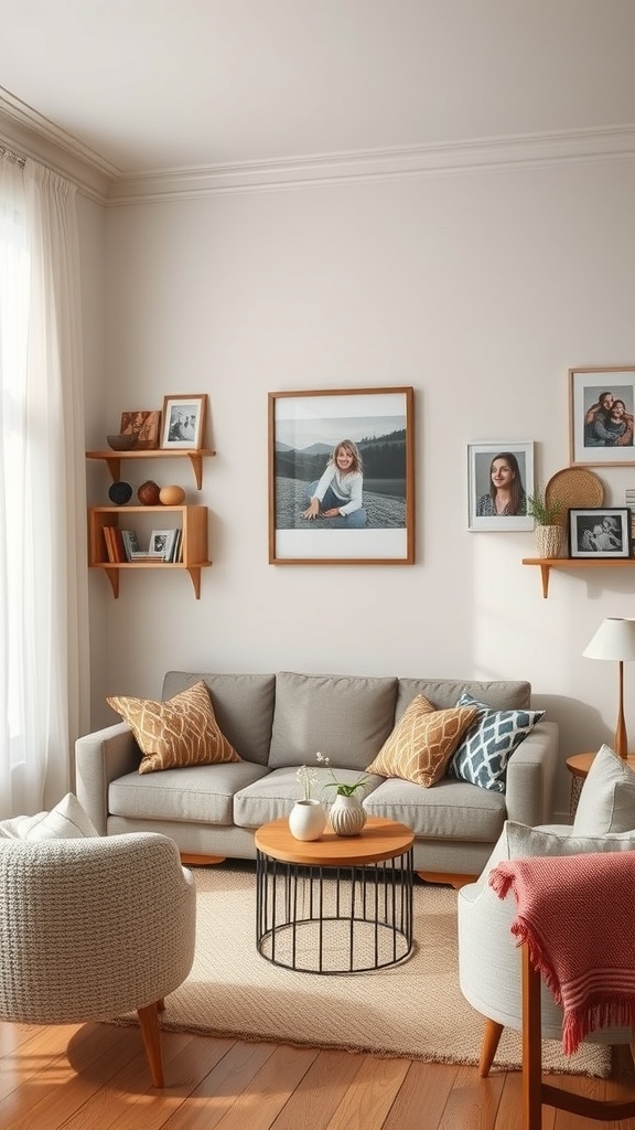 Cozy living room with gray sofa, colorful pillows, framed family photos on the wall, and a round coffee table.