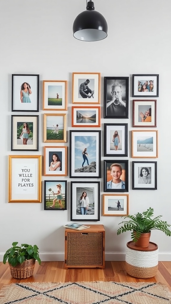 A stylish gallery wall featuring a mix of framed photos, including portraits and scenic shots, with a decorative text frame.