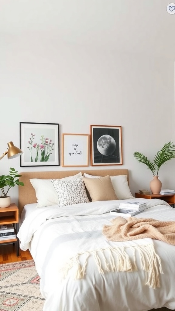 A cozy minimalist bedroom with a bed, decorative pillows, framed wall art, and plants.