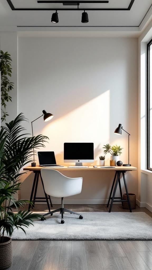 A modern home office setup with two monitors, a stylish chair, and plants, featuring natural light from a window.