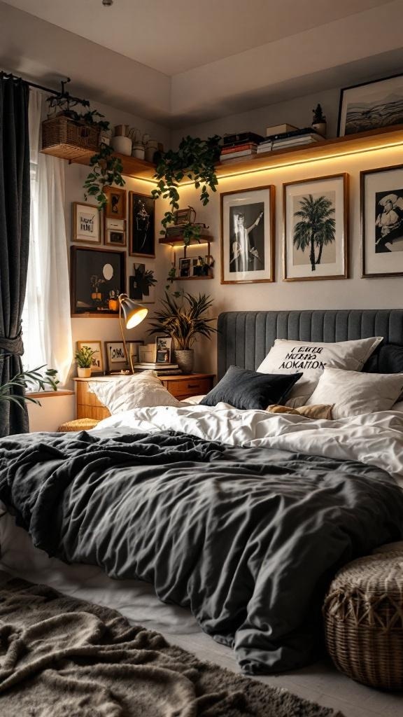A modern male bedroom featuring gray bedding, wall art, plants, and warm lighting.