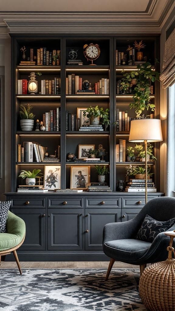 A stylish home library with dark wood shelves, plants, and decorative items.