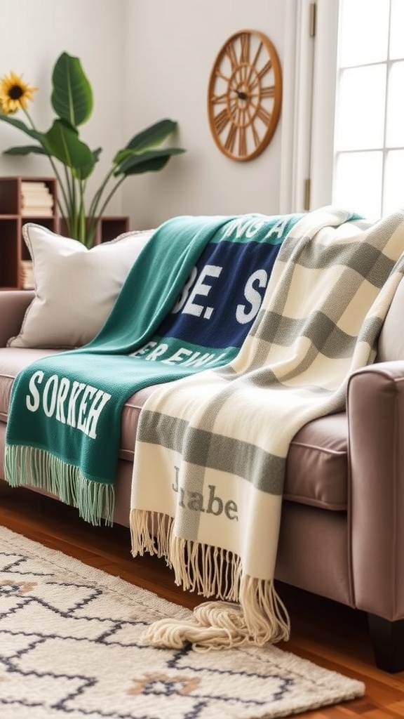 A cozy throw blanket with bold text draped over a sofa in a bright living room.