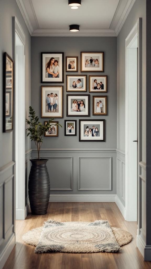 A hallway featuring a wall of family photos in various frames, a decorative plant, and a cozy rug.