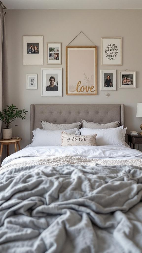 Cozy bedroom with a gallery wall, plants, and textured bedding