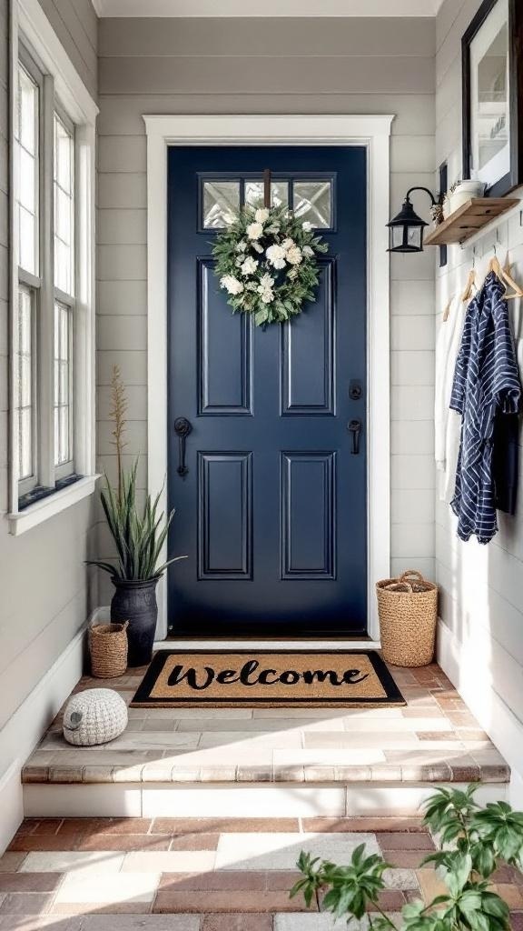 A narrow entryway with two welcome mats and green plants beside a gray door.