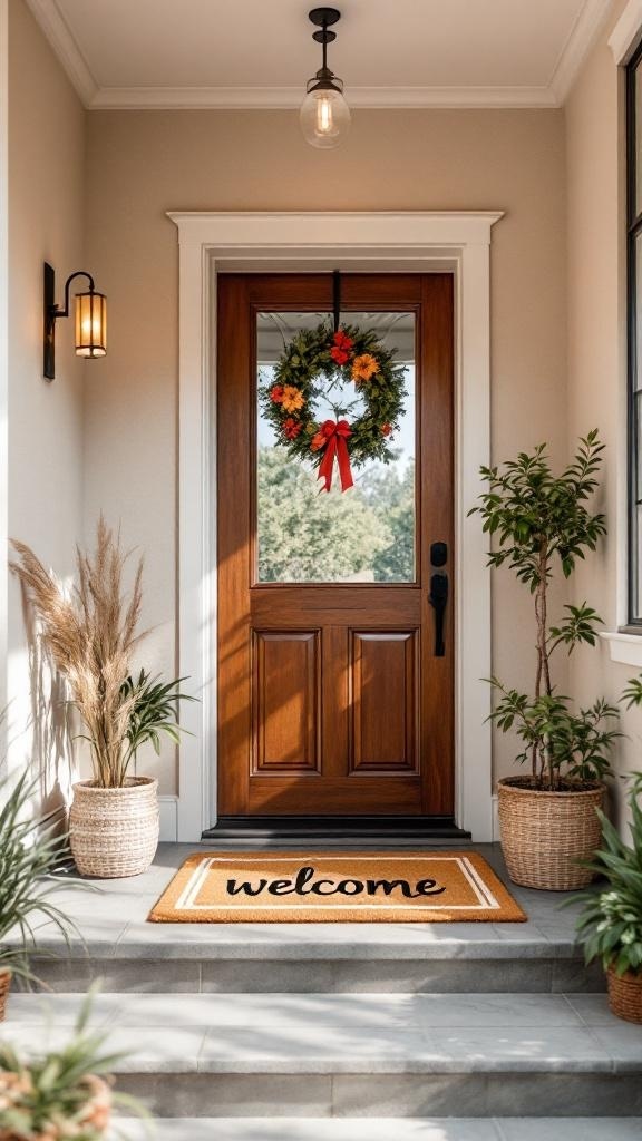 A modern entryway featuring a wooden door, a wreath, potted plants, and a welcome mat.
