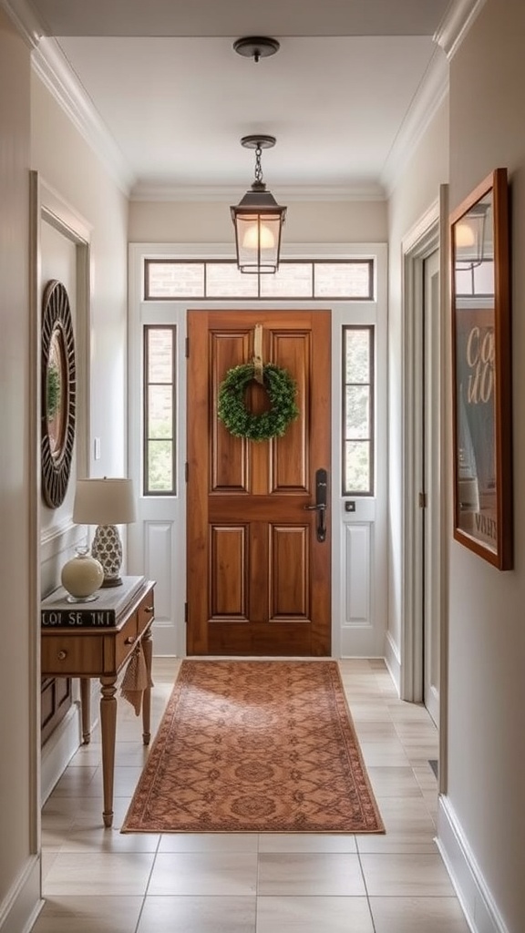 A stylish hallway featuring a personalized welcome mat and a decorative wreath on the door.