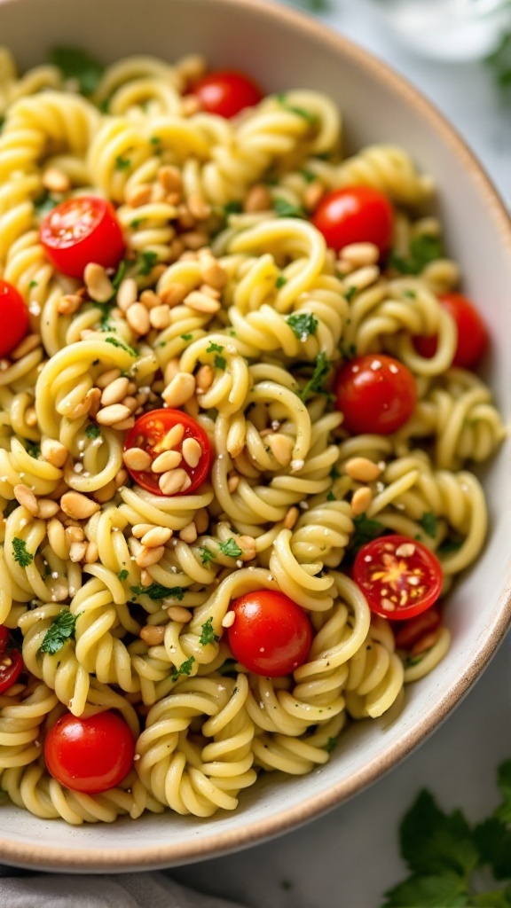 Pesto Chicken Pasta with cherry tomatoes and pine nuts