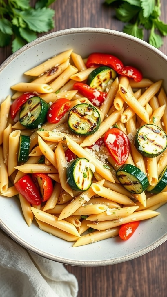 A bowl of pesto penne salad with grilled vegetables, featuring red bell peppers, zucchini, and a sprinkle of cheese.