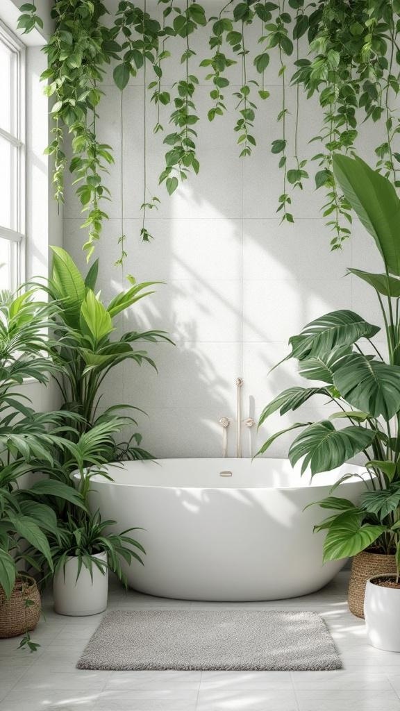A modern bathroom with a white bathtub surrounded by various green plants, creating a fresh and inviting atmosphere.