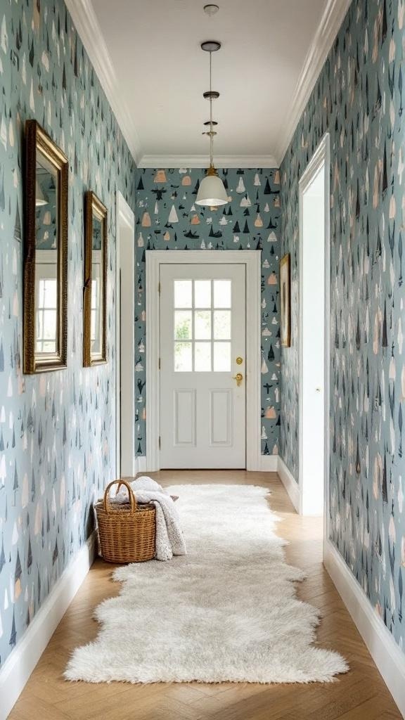 A hallway with playful patterned wallpaper featuring colorful characters and designs.