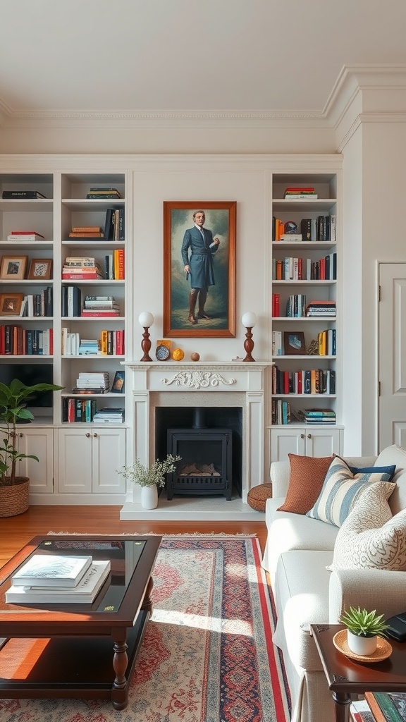 A cozy living room with bookshelves filled with colorful books and decorative items, featuring a fireplace and a comfortable sofa.