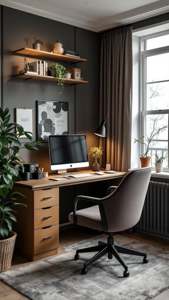 A cozy home office with a desk, computer, and plants, designed for concentration.