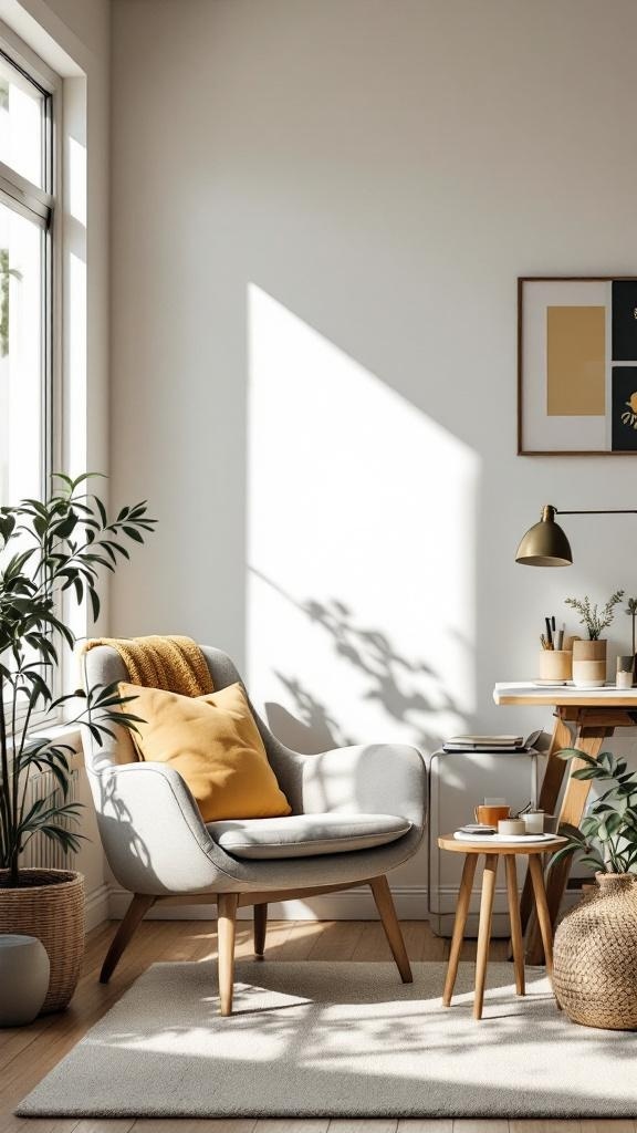 A cozy work from home office corner with a comfortable chair, plants, and a warm atmosphere.