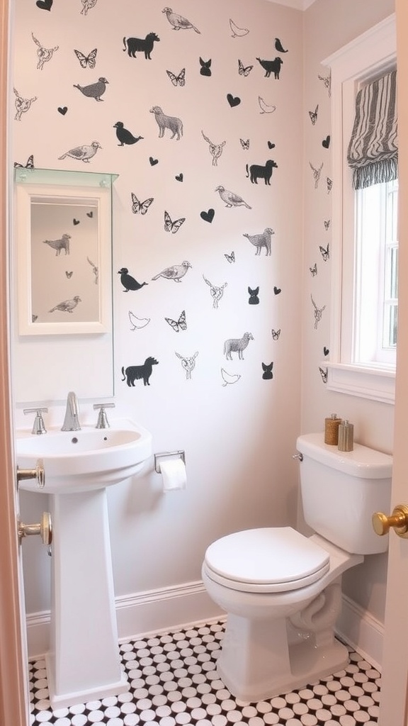 A bathroom wall decorated with removable wall decals featuring playful text and hearts.