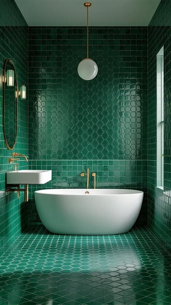 A bathroom featuring rich emerald green tiles, a white bathtub, and gold fixtures.