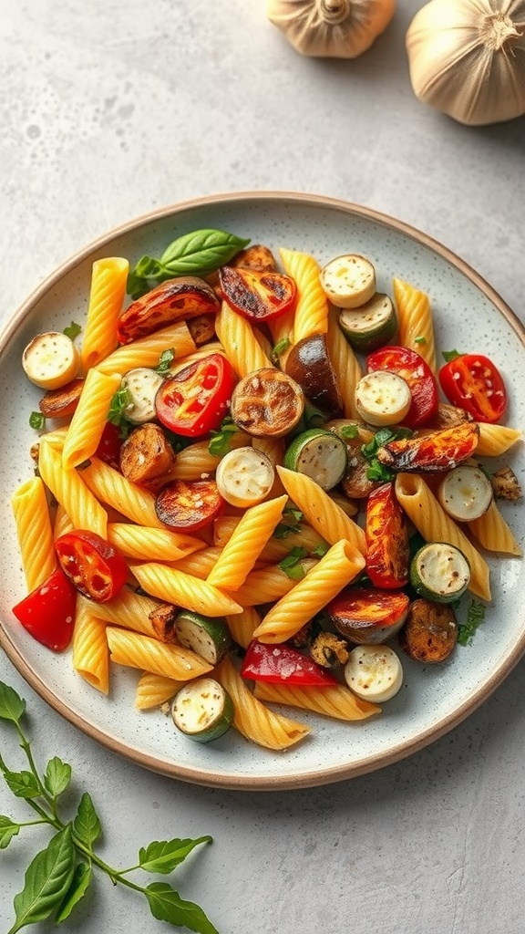 A vibrant bowl of roasted vegetable pasta salad featuring pasta, zucchini, cherry tomatoes, and bell peppers, garnished with fresh herbs.