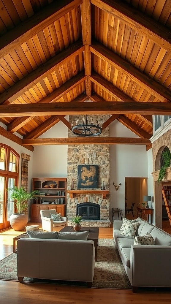 A cozy living room with rustic wooden beams and a high ceiling, featuring comfortable sofas and a stone fireplace.