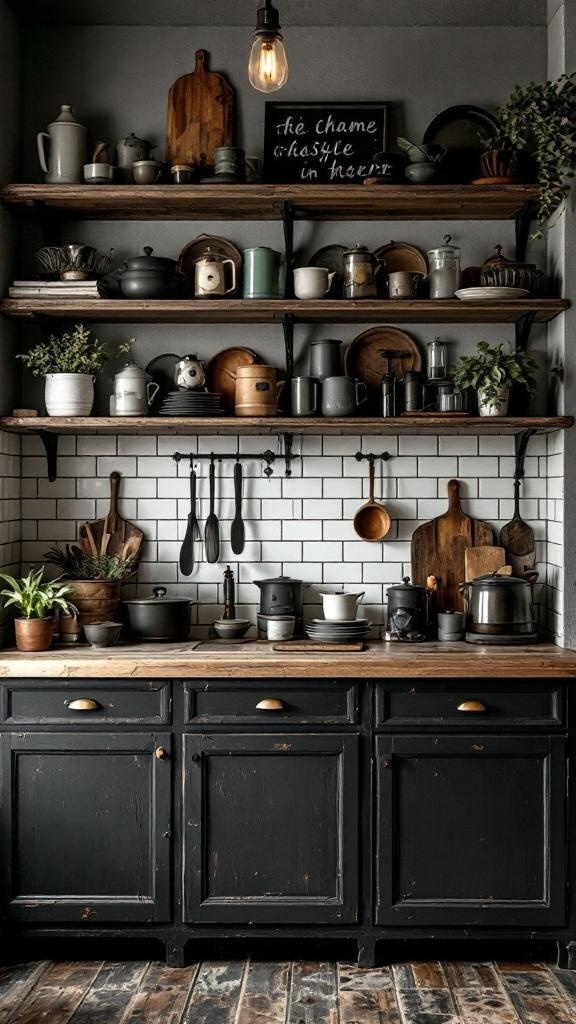 Rustic black wood shelves in a dark farmhouse decor kitchen displaying various kitchenware and plants.