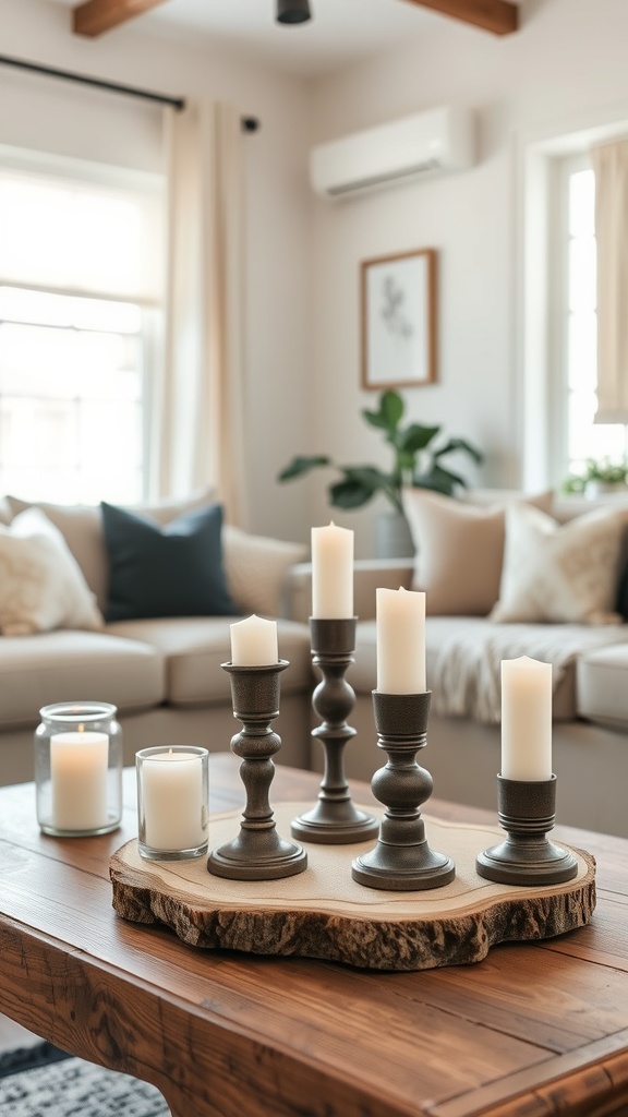 Rustic candle holders on a wooden table in a cozy living room