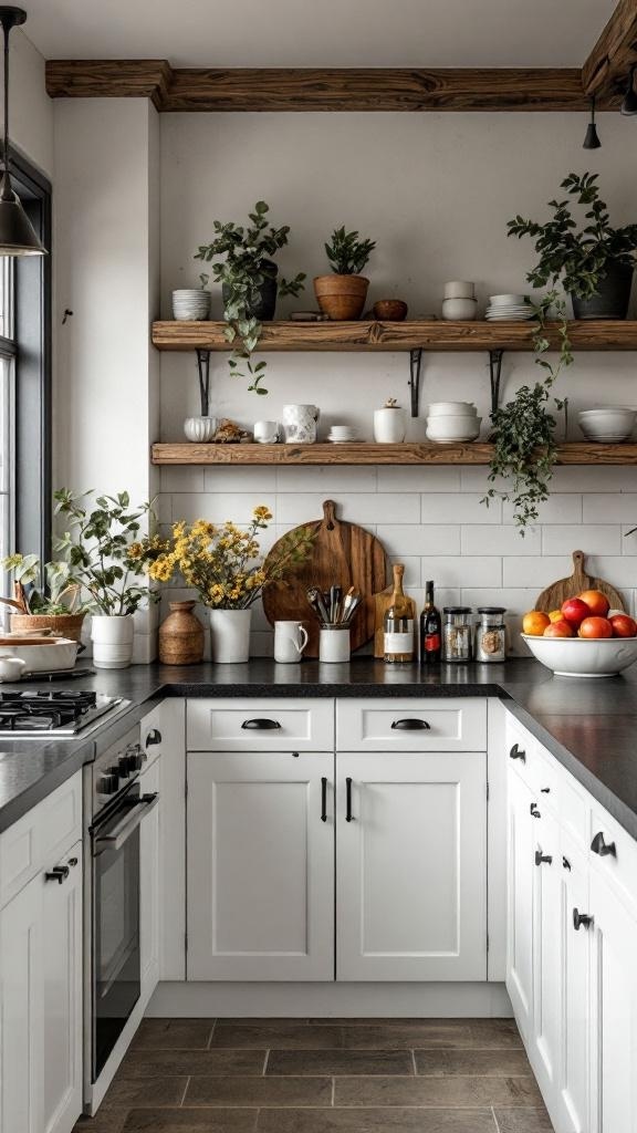 A stylish kitchen featuring black countertops, white cabinets, and wooden shelves with plants and decor.