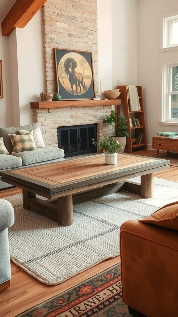 A rustic wooden coffee table in a cozy living room with a fireplace and soft seating.