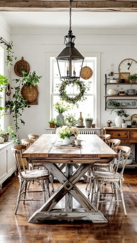 A cozy dining room with a wooden table, mixed chairs, and rustic decor, featuring plants and warm lighting.
