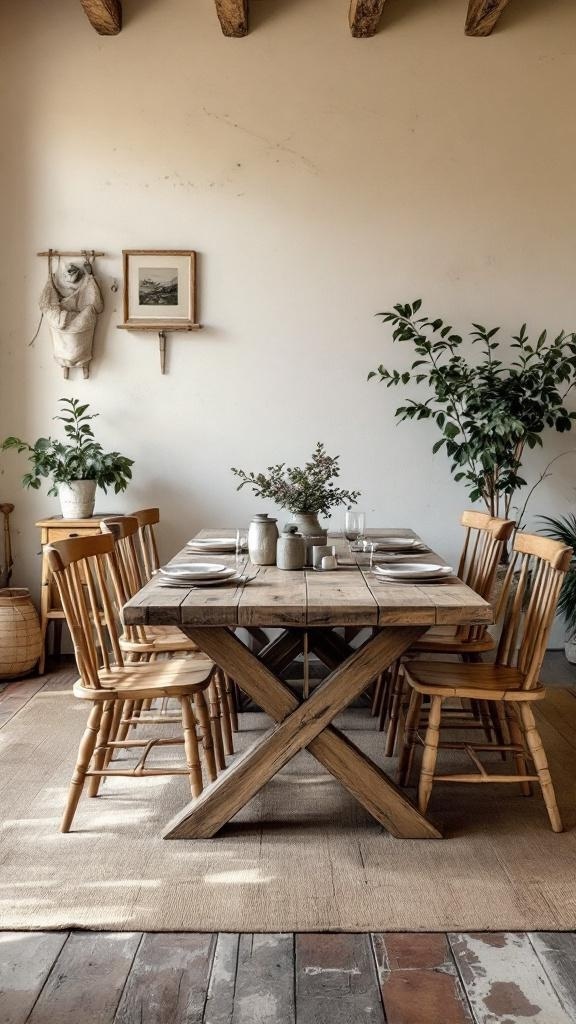 A rustic farmhouse dining table with handcrafted chairs, surrounded by plants and simple decor.