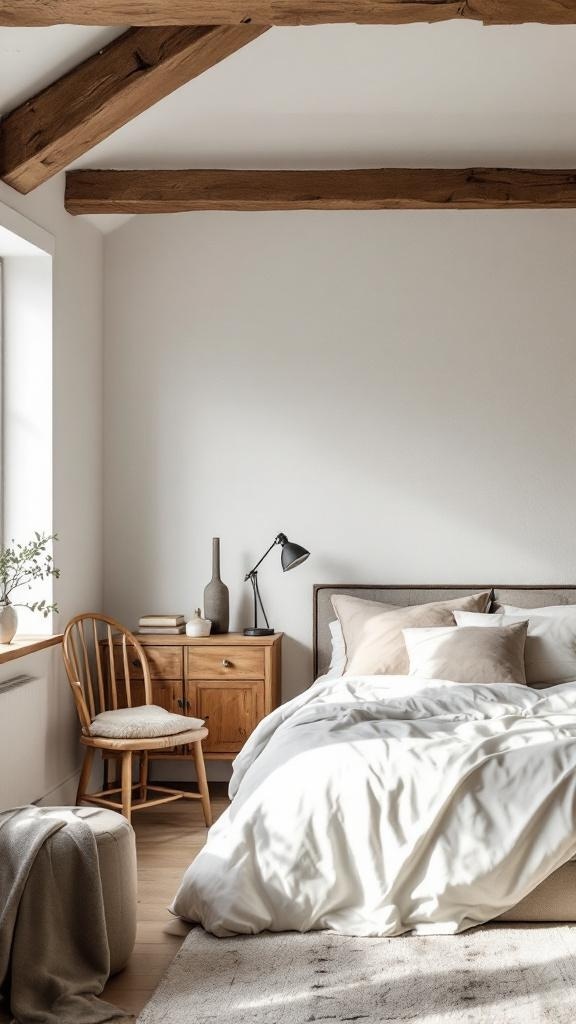 A rustic modern bedroom featuring wooden beams, neutral linens, and cozy furniture.