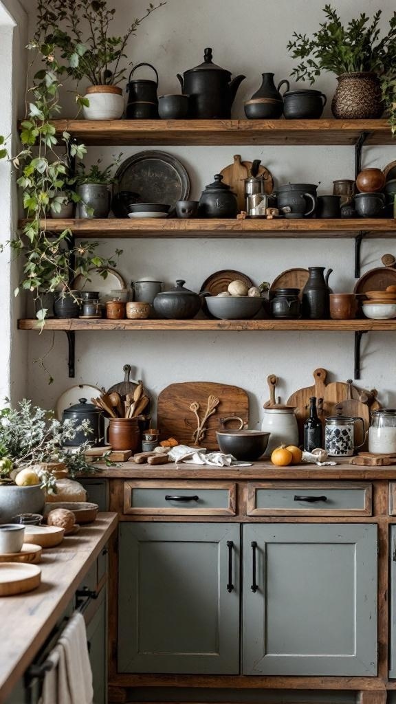 Rustic open shelving in a dark farmhouse decor kitchen filled with kitchenware and plants.