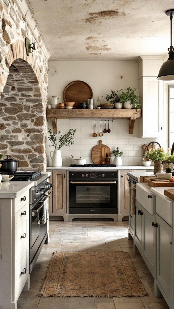 A rustic kitchen featuring a stone fireplace, wooden beams, and white cabinetry.