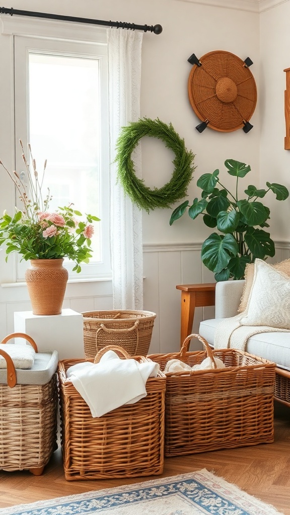 A cozy living room featuring rustic wicker baskets, plants, and a warm color palette.