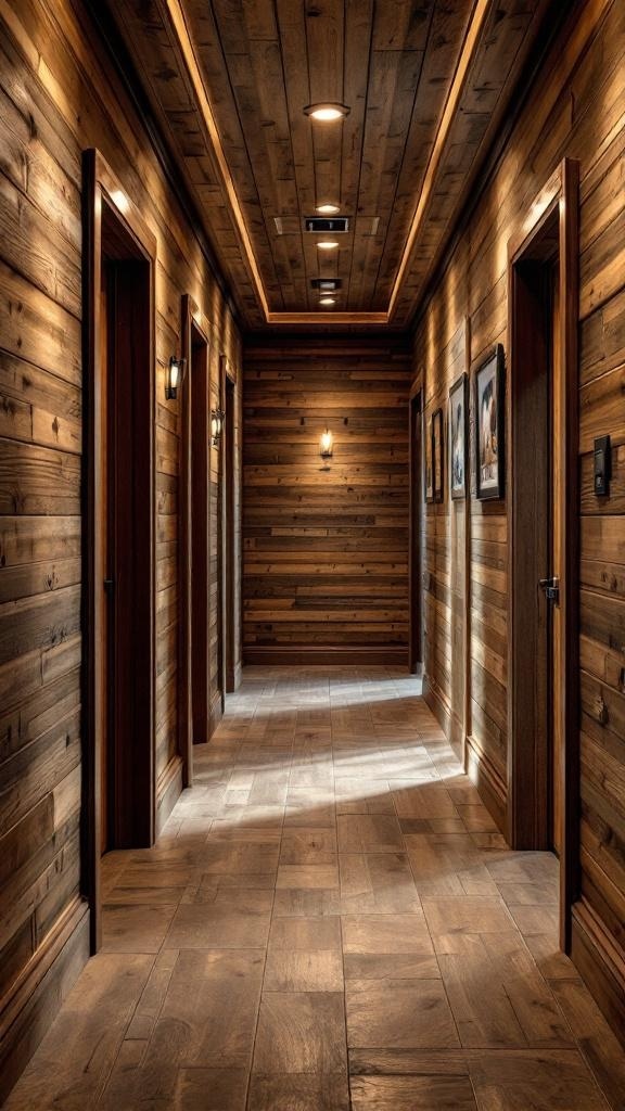 A hallway featuring rustic wood paneling with warm lighting and framed pictures on the walls.