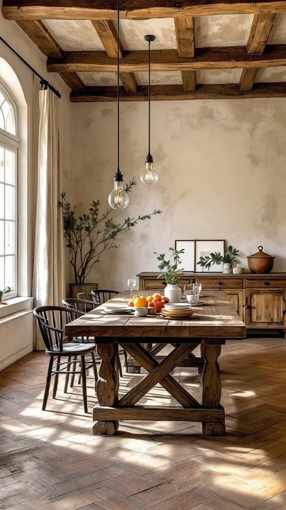 A rustic dining room featuring wooden beams, a large wooden table, and earthy tones.