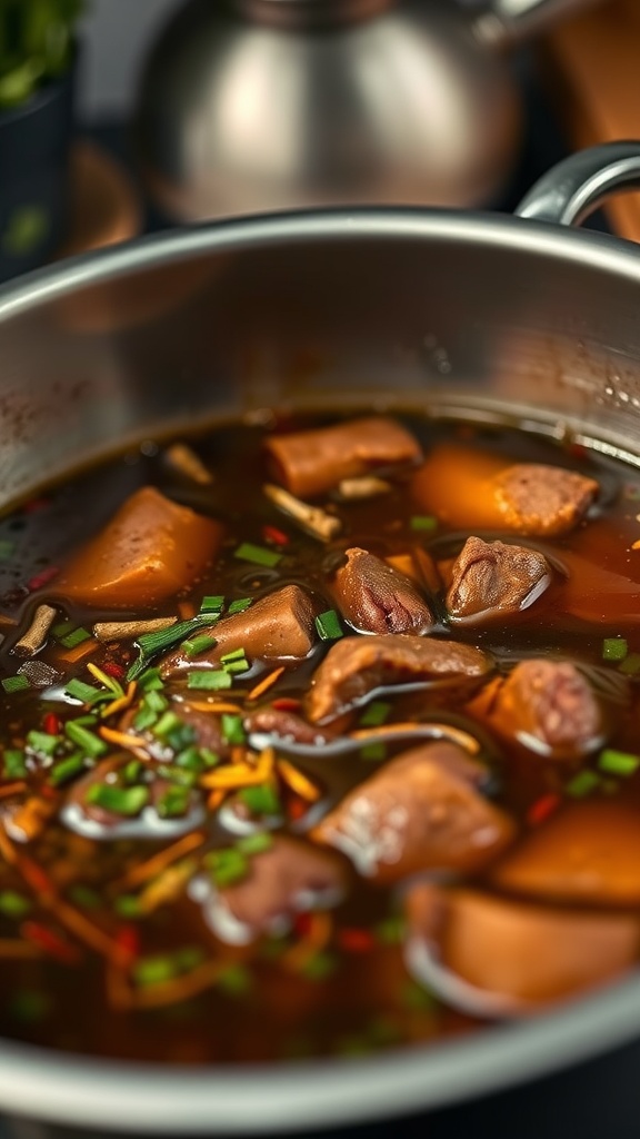 A bowl of hearty beef stew with chunks of beef, vegetables, and herbs in a rich broth.
