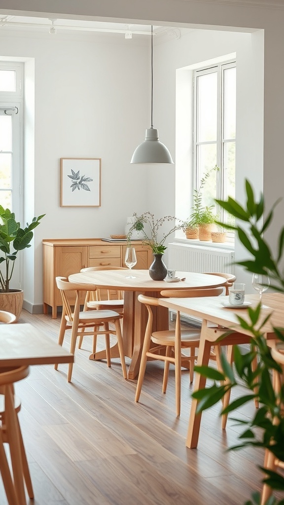 A modern Scandinavian dining room featuring a light wood table, chairs, and plants by a large window.