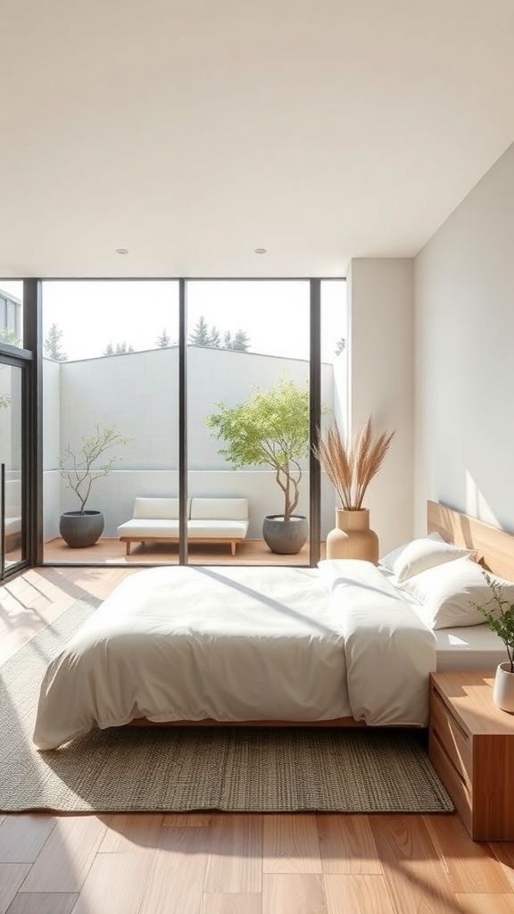 Minimalist bedroom with large glass doors leading to an outdoor area with plants and seating.