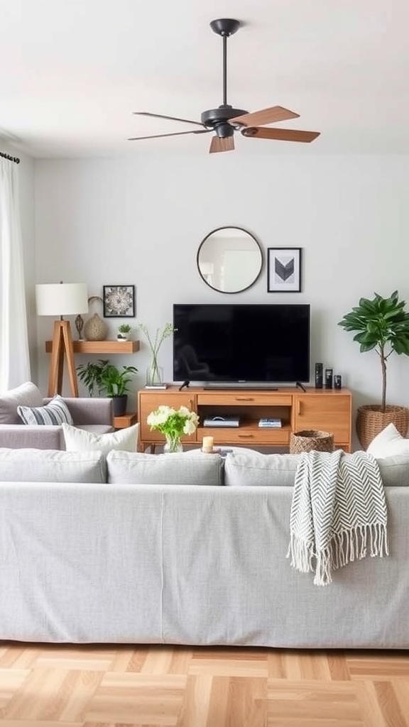 A stylish living room featuring a grey couch, wooden coffee tables, and seasonal decor elements.