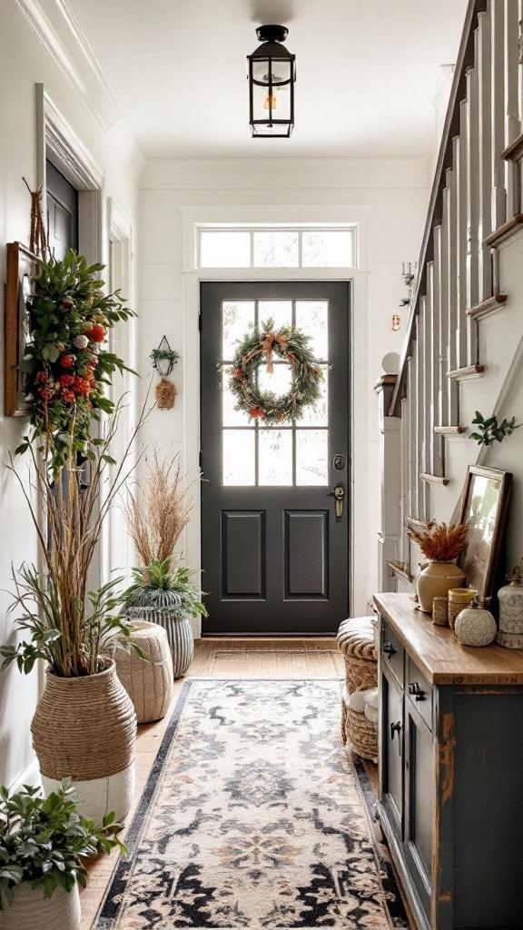 A narrow entryway featuring a dark front door with a wreath, potted plants, and a decorative side table.