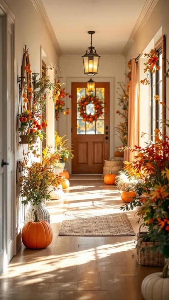 A beautifully decorated front hallway with autumn decor, featuring pumpkins and colorful foliage.