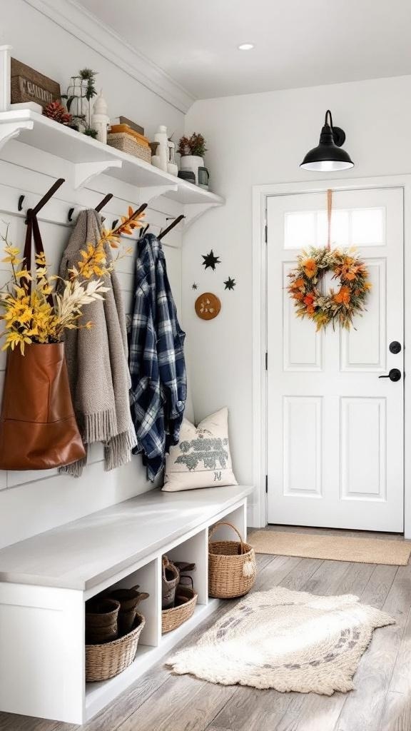 Cozy mudroom laundry room with seasonal decor including a wreath, hanging coats, and decorative baskets.