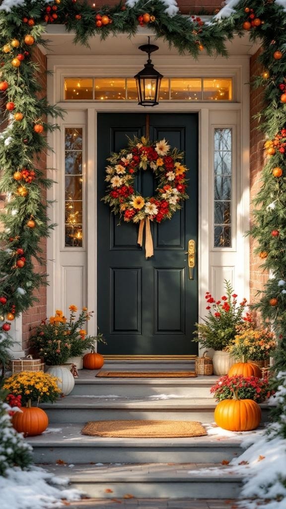 A modern entryway decorated for the season with a dark green door, a colorful wreath, pumpkins, and potted flowers.