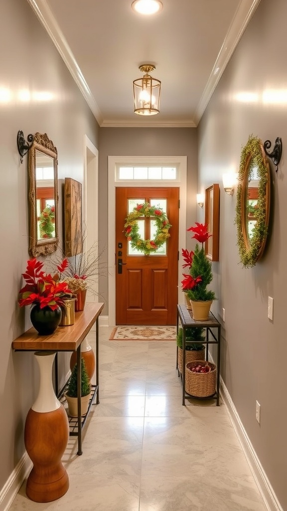 A small hallway decorated with autumn leaves and lanterns, creating a cozy atmosphere.