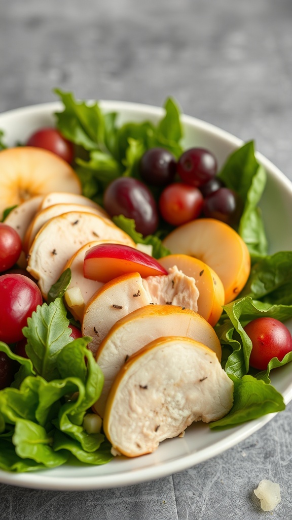 A bowl of chicken salad with seasonal fruits and greens