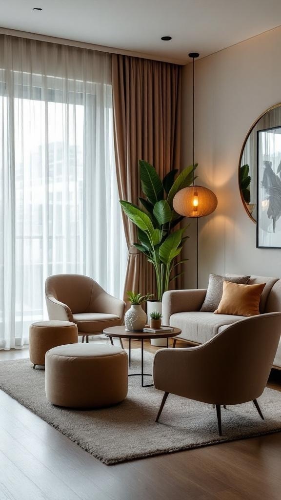 A stylish small living room with a mustard-colored sofa, accent chairs, and a round coffee table.